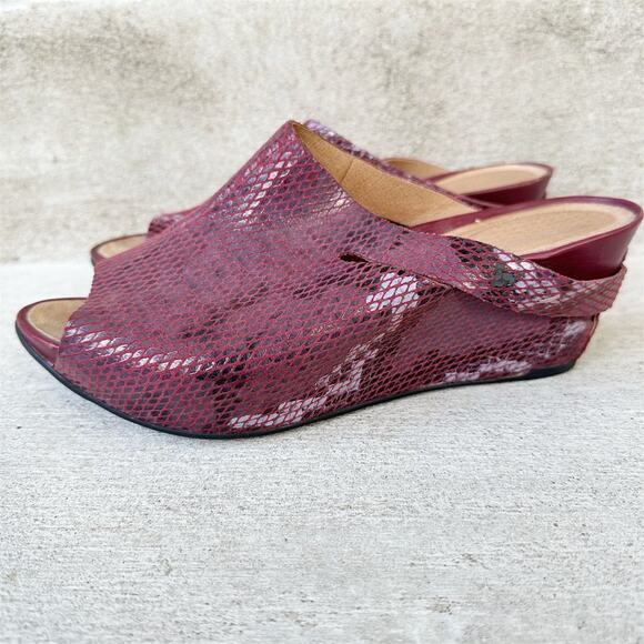 Tsubo Ovid Snake Print Wedge Platform Mules Size 8.5‎ Burgundy Purple Reptile - Picture 1 of 11